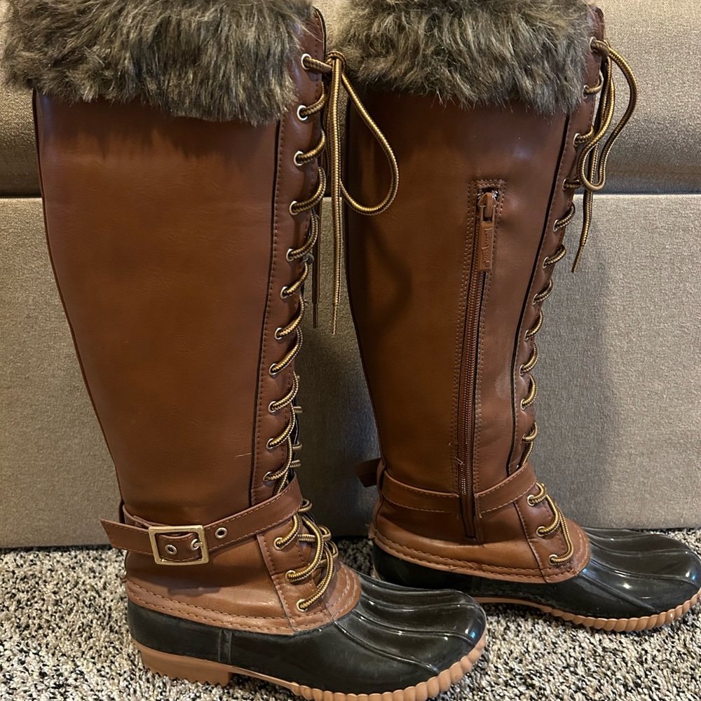 Brown and Black Women's Lace-Up Boots